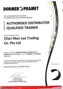 Dormer Pramet Authorised Distributor Certificate