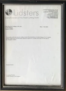 Lidsters Authorised Distributor Certificate