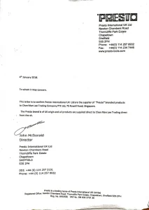 Presto Authorised Distributor Certificate