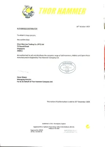 Thor Hammer Authorised Distributor Certificate